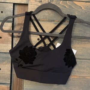 ZYIA Black velvet floral light and tight strappy Sports Bra-s new with tags